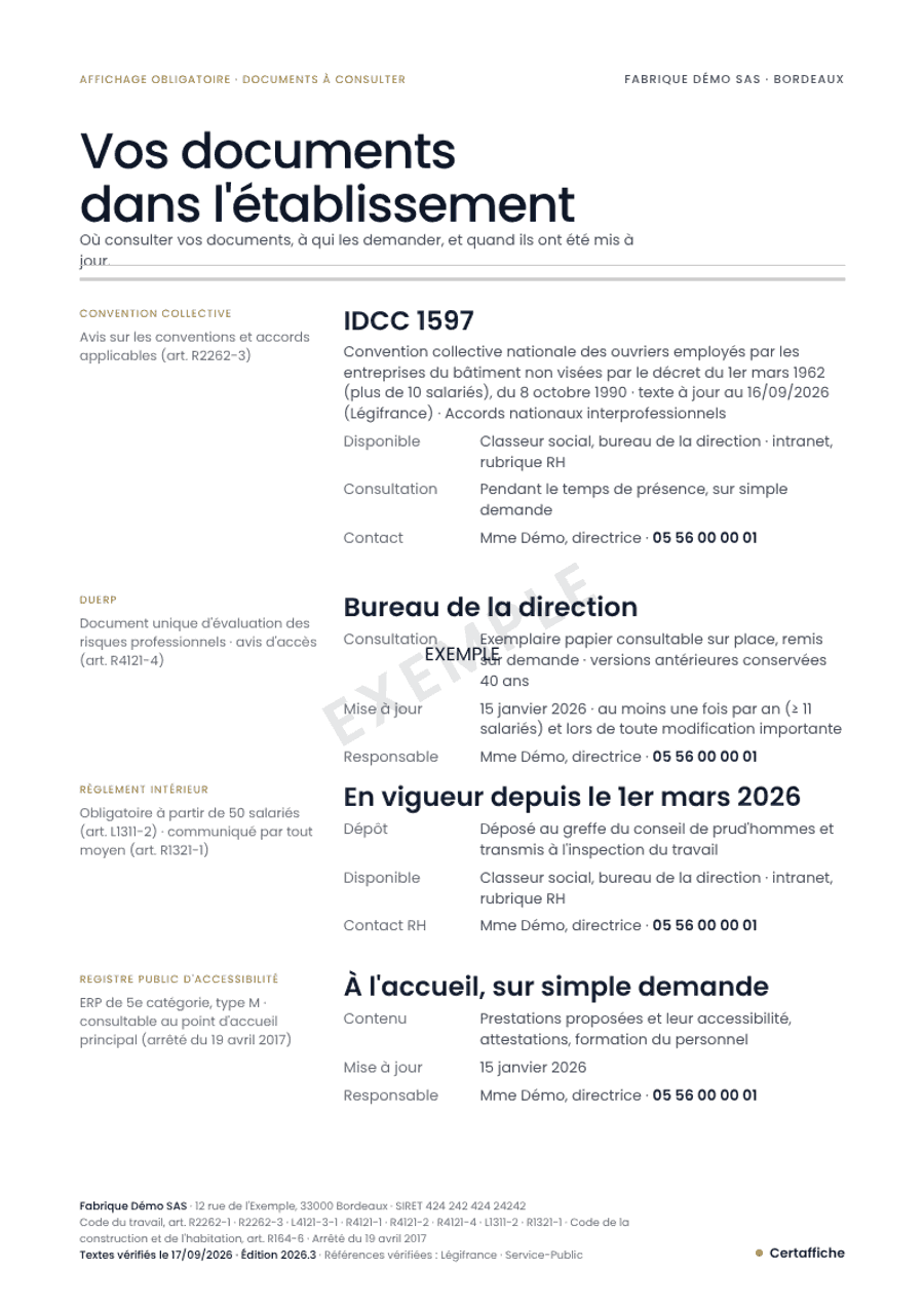 Affiche « Vos documents dans l'établissement » générée pour Fabrique Démo SAS