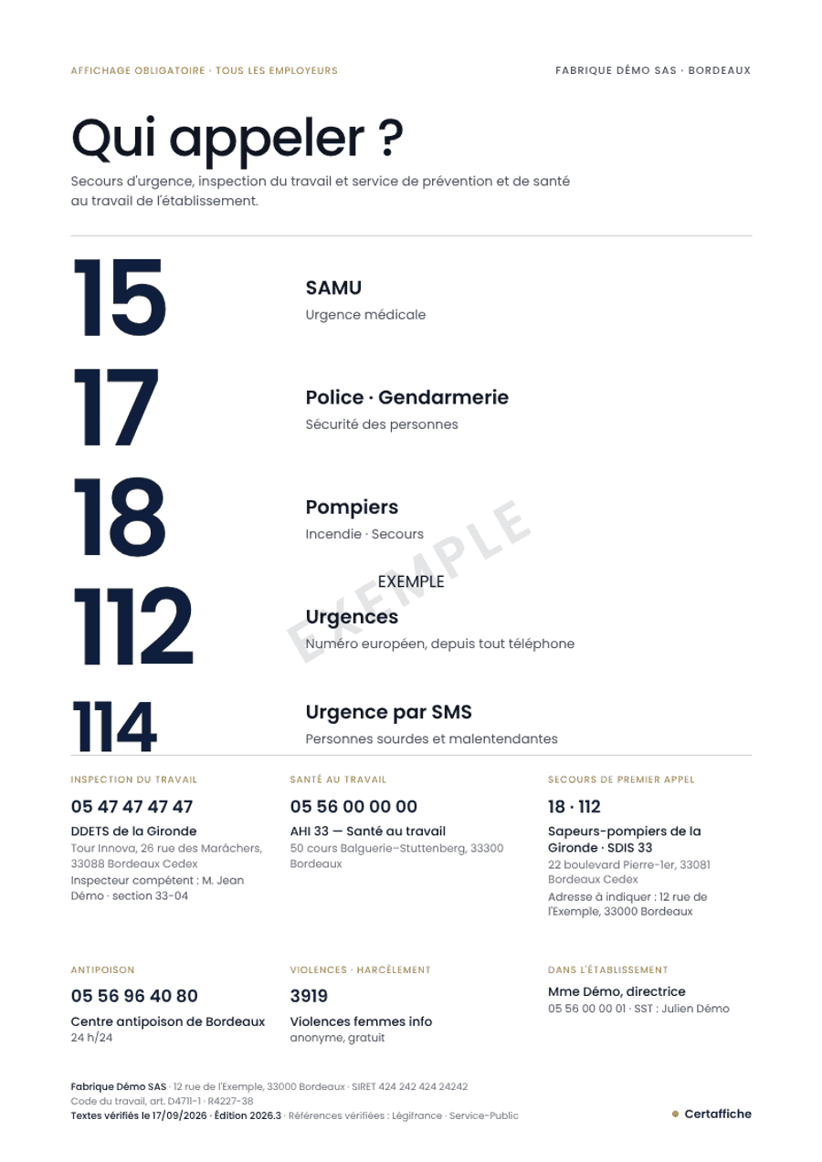 Affiche « Qui appeler ? » générée pour Fabrique Démo SAS, entreprise de démonstration : inspection du travail avec son téléphone, interlocuteur dans l'établissement et base légale citée en pied de page.