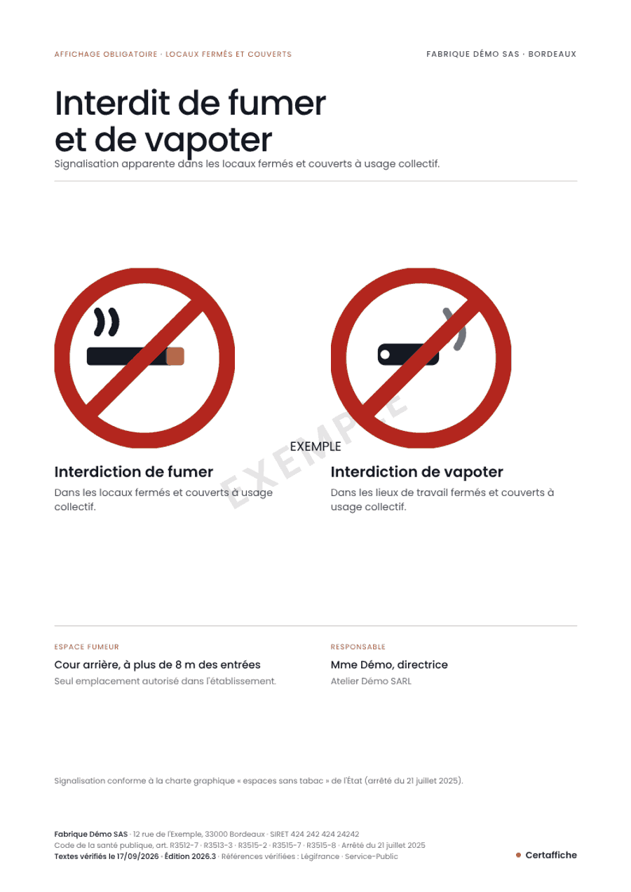 Affiche « Signalisation interdiction de fumer et de vapoter » générée pour Fabrique Démo SAS